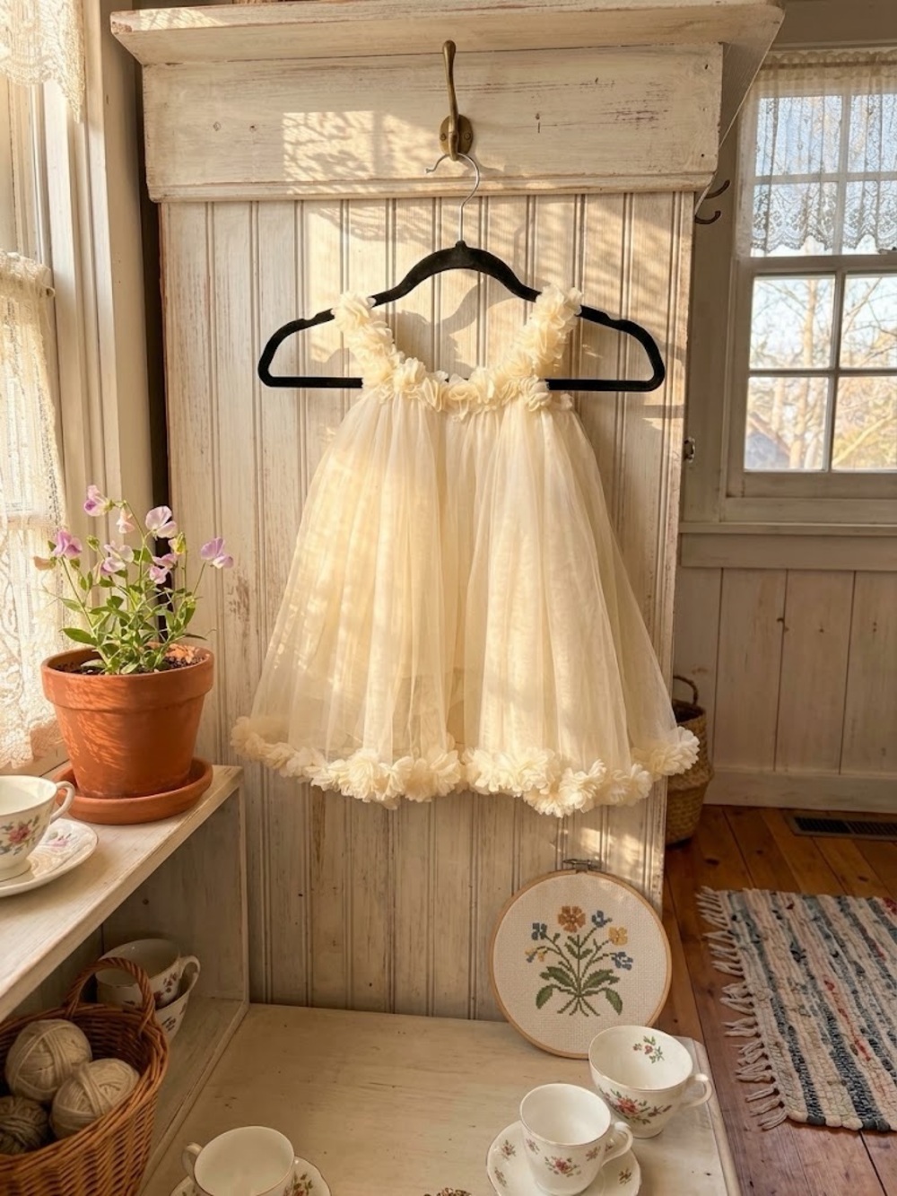 Vintage Girls Size 4 Ivory Tulle Flower Dress Floral Wedding Party Fairycore